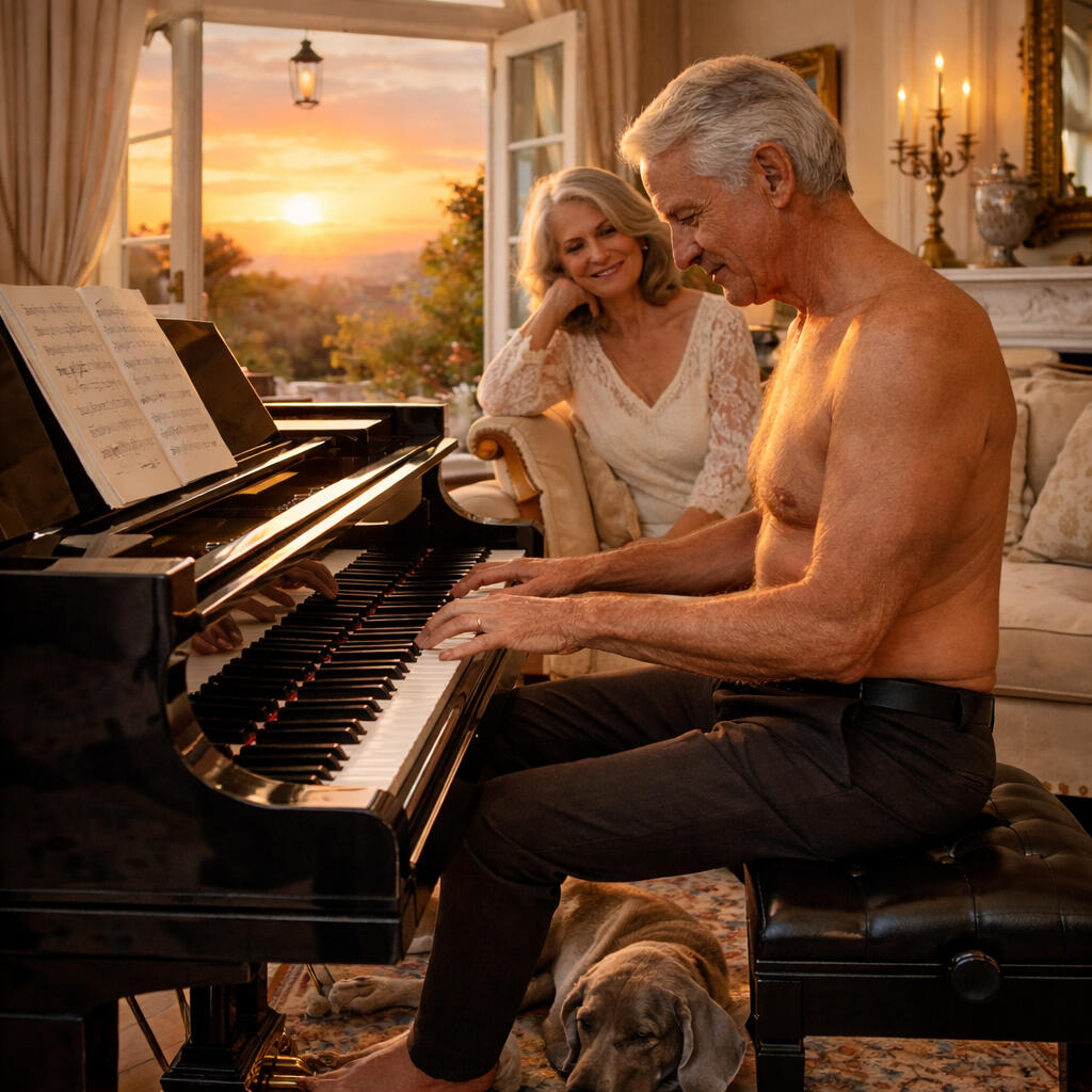 Mein Mann, unser Hund und ich genießen Sonnenuntergänge am Flügel