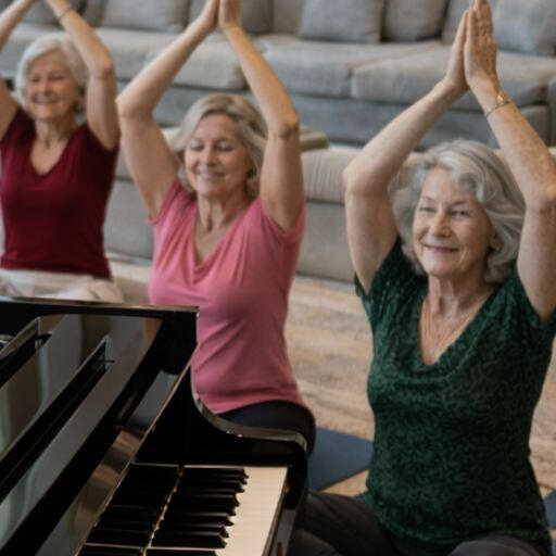 Wir laden einen Pianisten ein, während meine Freundinnen und ich Yoga machen und die Vibrationen voll und ganz aufsaugen